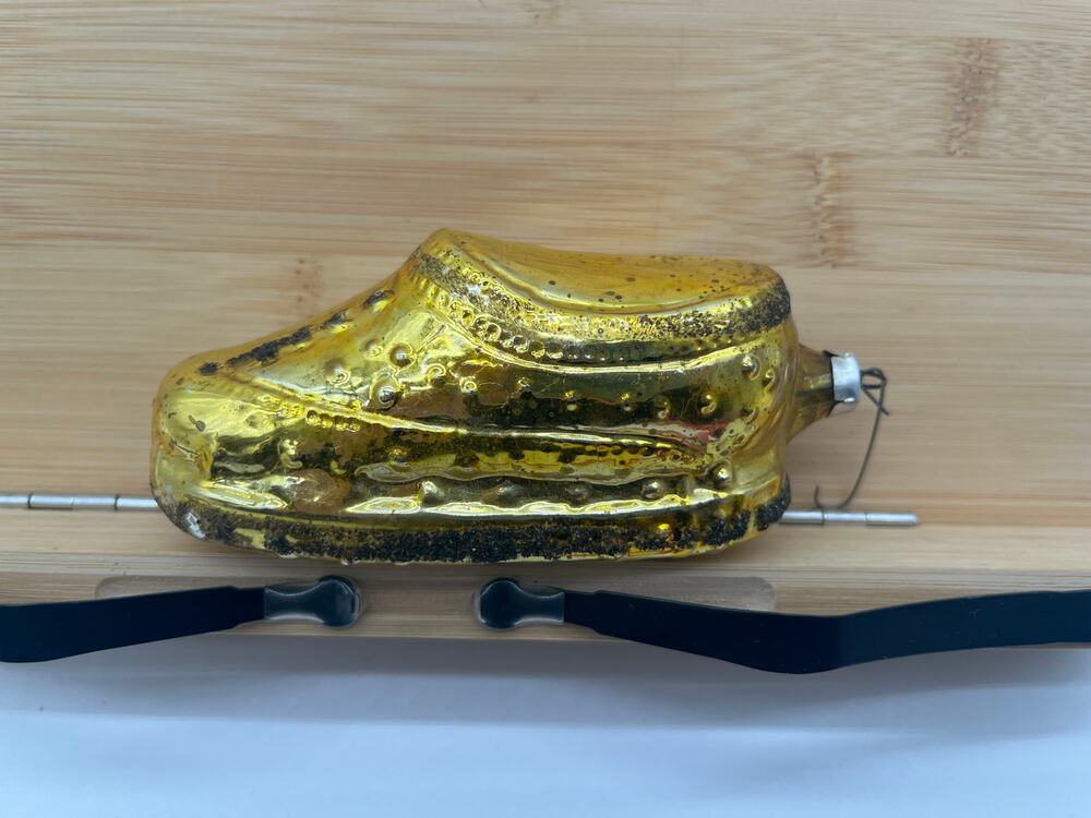 Vintage Mercury Glass Baby Shoe Gold Tone Christmas Holiday Decor Tree Ornament